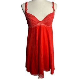 Vintage 80s Lace Chiffon Nightgown Lingerie 36 Red Adjustable Straps